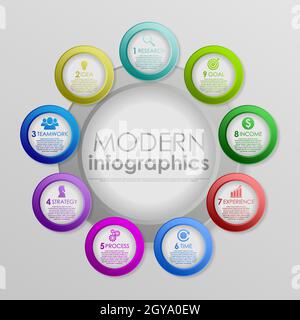 Illustration du vecteur EPS10. Processus d'infographie d'entreprise avec des éléments réalistes. Modèle d'impact avec icônes et 9 étapes. Illustration de Vecteur