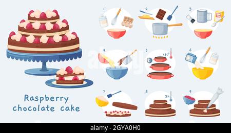 Recette de gâteau, préparation du dessert étape par étape.Délicieux gâteau d'anniversaire au chocolat avec crème, pâtisserie sucrée illustration vectorielle de préparation.Processus de cuisson de la pâtisserie framboise Illustration de Vecteur