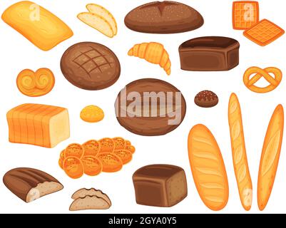 Pain de dessin animé, baguette, petits pains, pâtisseries et produits de boulangerie.Pain frais de grains entiers, croissant, bretzel, pâtisseries maison ensemble vectoriel.Assortiment savoureux pour repas nutritif Illustration de Vecteur