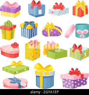 Boîtes-cadeaux de dessin animé, emballage des paquets-cadeaux avec des noeuds.Cadeaux colorés de différentes formes pour l'anniversaire ou la fête de noël ensemble de vecteur.Cartons de vœux avec rubans pour les fêtes Illustration de Vecteur