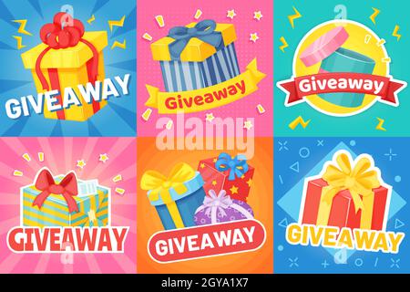 Affiche cadeau avec boîtes cadeaux, bannière promotionnelle sur les réseaux sociaux.Caricature présente avec rubans, annonces cadeaux bannières ensemble vectoriel.Récompense du gagnant avec des confetti dans le concours ou le concours Illustration de Vecteur