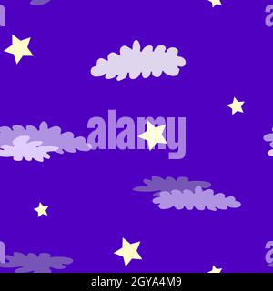 Motif sans couture avec étoiles jaunes et nuages violets. Illustration de Vecteur