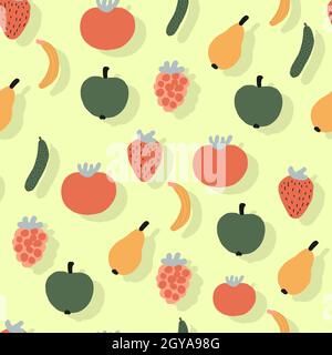 Imprimé pour les textiles de cuisine et les serviettes. Motif légumes sans couture. Textiles domestiques confortables. TOMATES ET CONCOMBRES. Illustration vectorielle Banque D'Images