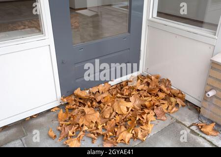 feuille d'érable jaune d'automne recouverte sur le balcon de l'appartement, pile de feuilles d'automne a besoin de nettoyer la maison Banque D'Images