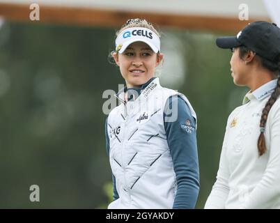 West Caldwell, NJ, États-Unis.7 octobre 2021.Nelly Korda des États-Unis pendant la LPGA Cognizant Founders Cup au parcours de golf de Mountain Ridge à West Caldwell, NJ. Mike Langish/Cal Sport Media.Crédit : csm/Alay Live News Banque D'Images