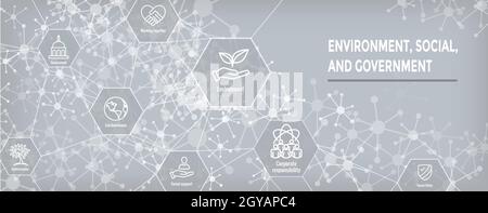 Ensemble d'icônes Environnement et gouvernement social et bannière d'en-tête Web avec idées ESG Illustration de Vecteur