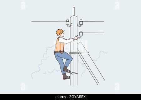 Concept de l'équipement et des travailleurs de la foudre. Homme Lineman travailleur monter la borne téléphonique, illustration du vecteur haute tension Banque D'Images