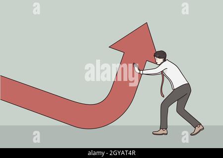 Concept de croissance, de développement, de réussite.Homme d'affaires positif déterminé poussant la flèche vers le haut pour changer de direction et gagner des objectifs et des poursuites Banque D'Images