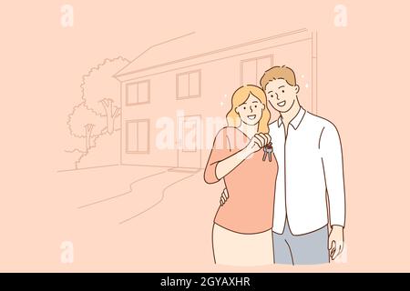 Immobilier, nouveau concept d'appartement.Jeune sourire heureux couple personnages de bande dessinée debout tenant des clés de la nouvelle maison sensation excitée vecteur illustrateur Banque D'Images