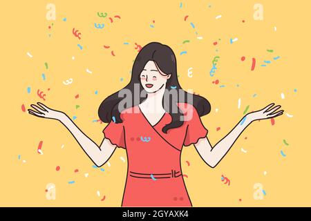 Concept de fête et de célébration d'événement.Jeune femme souriante en rouge robe personnage de dessin animé debout et touchant confetti coloré dans l'air vecteur illustr Banque D'Images