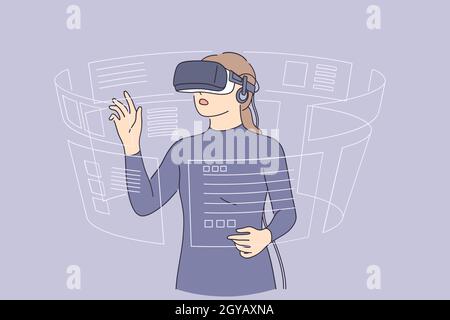 Réalité virtuelle et concept de haute technologie. Jeune femme portant des lunettes 3d jouant avec la réalité virtuelle touchant l'air avec les doigts vecteur illustrati Banque D'Images