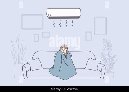 Grippe, fièvre, sensation de froid concept.Jeune femme triste personnage de dessin animé dans une couverture chaude assis sur un canapé se sentant malade et fièvre à la maison illustration de vecteur Banque D'Images