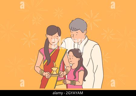 Concept de festival Diwali ou Deepawali. Joyeuses fêtes de famille ou fête de Diwali. Vecteur plat simple. Banque D'Images