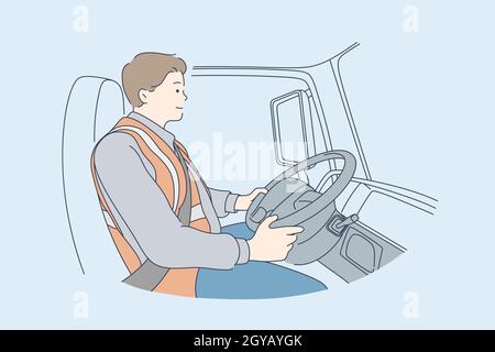 Livraison, concept de conduite. Personnage de dessin animé jeune homme ou jeune conducteur de voiture. Le conducteur du camion assis dans la cabine du véhicule regarde la route. Fournir des services Banque D'Images