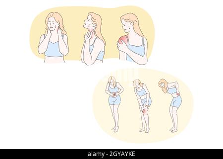 Femme souffrant de douleurs chroniques dans le corps et les articulations concept. Jeune femme personnage de dessin animé souffrant de dos, cou, épaule, genou, douleur de ventre ou arthrite Banque D'Images
