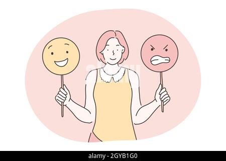 Emotions, emoji, différentes expressions faciales concept. Jeune femme souriante personnage de dessin animé debout et tenant des signes avec le e positif et agressif Banque D'Images