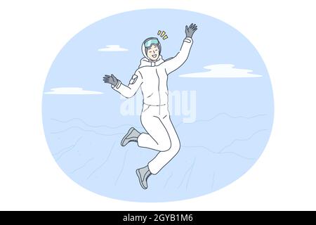 Activités d'hiver, ski, surf des neiges.Jeune heureuse femme souriante personnage de dessin animé en costume blanc d'hiver sautant se sentant gaie après ri Banque D'Images