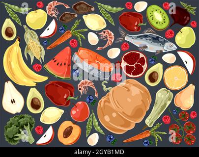 Produits naturels, légumes délicieux, fruits et fruits de mer, citrouille, pastèque, poisson, framboise, set d'aliments biologiques. Alimentation saine, alimentation en vitamine co Banque D'Images