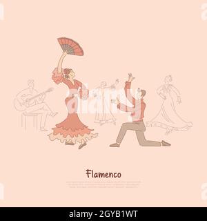 Danseurs professionnels, femme élégante en robe rouge, flamenco, danse espagnole traditionnelle, bannière spectacle de divertissement. Espagne culture, numéro de l'art Banque D'Images