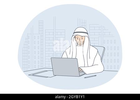 Concept arabe de travail au bureau.Jeune homme d'affaires saoudien positif personnage de dessin animé assis au bureau avec un ordinateur portable et travaillant en ligne sur p Banque D'Images