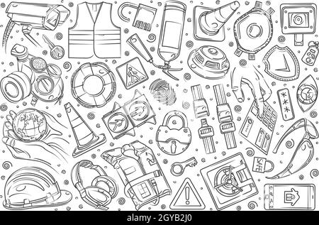 Équipement de sécurité dessiné à la main. Technologies de protection empreinte digitale, clé électronique, espion, mot de passe, alarme et plus encore doodle set arrière-plan Banque D'Images