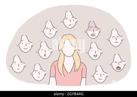 Concept de variété d'émotions et d'expressions faciales. Jeune femme personnage de dessin animé avec visage blanc et variété de différentes expressions du visage de pos Banque D'Images