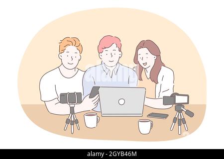 Blog, vlogging, partage de contenu vidéo en ligne concept. Des personnages de dessin animé pour adolescents, garçons et filles, assis avec des appareils photo pour smartphone sur des trépieds et un ordinateur portable Banque D'Images