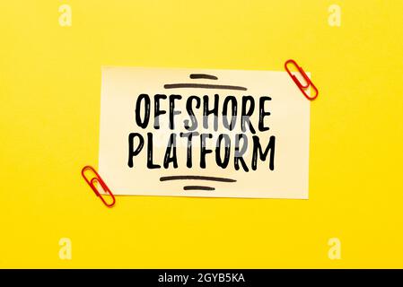 Légende de texte présentant plate-forme Offshore, concept signifiant structure avec des installations pour forage de puits pour explorer la pensée critique trouver des indices réponse Banque D'Images