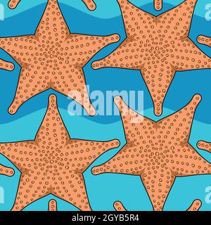 Motif de couleurs sans couture avec étoiles de mer sur fond de vagues.Arrière-plan vectoriel d'été. Illustration de Vecteur