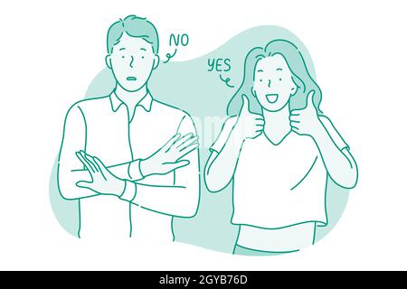 Diverses émotions et contrastes dans le concept de couple.Jeune homme frustré debout ne montrant aucun signe de protestation avec les mains tandis que sa fille souriante positive Banque D'Images