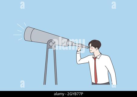 Concept d'entreprise, surveillance par le biais de jumelles concept. Un jeune homme d'affaires se tenant à la recherche d'une illustration vectorielle d'opportunités futures Banque D'Images