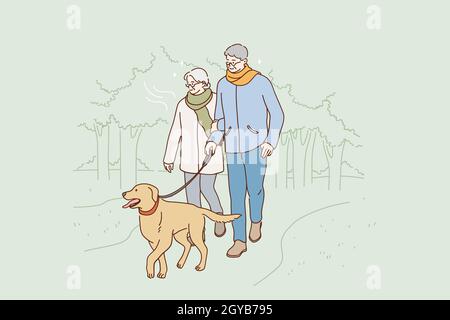 Concept de mode de vie heureux pour les personnes âgées.Positif couple de personnes âgées personnages de dessin animé chien de marche dans le parc ensemble passer du temps ensemble vecteur extérieur i Banque D'Images