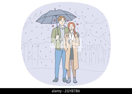 Amour, rencontres, couple dans le concept de relation. Joyeux jeune amoureux souriant couple personnages de dessin animé debout sous parapluie pendant le temps pluvieux, huggi Banque D'Images
