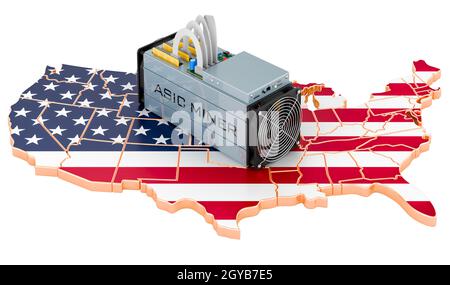 L'exploitation minière aux États-Unis, concept.ASIC Miner avec la carte des États-Unis.Rendu 3D isolé sur fond blanc Banque D'Images