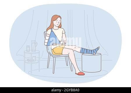 Suffering from pain in muscles, joints, injuries concept. Young unhappy woman cartoon character sitting with broken leg and arm and feeing ill at home Stock Photo