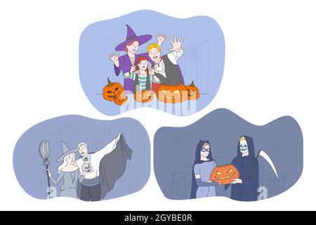 Célébrez les fêtes d'Halloween dans un concept de costumes effrayants. Jeunes gens positifs personnages de dessins animés dans des chapeaux, vampire, sorcière, costumes de monstre celeberti Banque D'Images