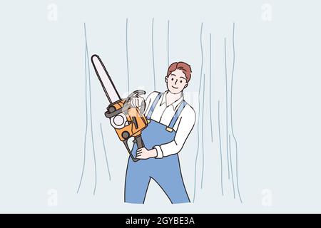 Exploitation forestière illégale, concept de scierie.Personnage de dessin animé d'homme de bûcherons debout dans les bois de forêt avec hache à chaîne ou Lumberjack transportant une tronçonneuse vecteur i Banque D'Images