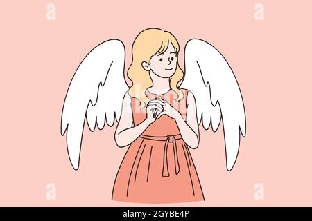 Concept de carte Saint Valentin.Blonde jolie fille enfant portant une robe debout avec ailes d'ange sur le dos félicitant avec l'illustr de vecteur de vacances Banque D'Images