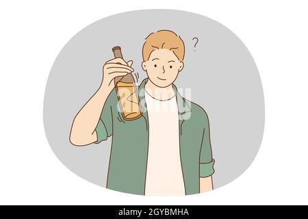 Alcool addictif, boissons spiritueuses, boire seul concept. Jeune homme souriant personnage de dessin animé tenant une bouteille de vin, whisky ou autre alcool Banque D'Images