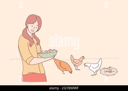 Ferme, agriculture, concept d'agriculteur.Jeune femme souriante personnage de dessin animé debout et tenant un bol d'oeufs frais avec manger du poulet à l'arrière-plan Banque D'Images