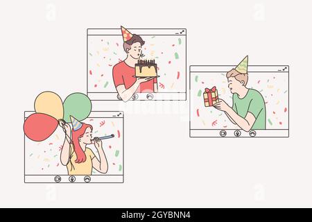 Concept de fête en ligne, anniversaire, réunion virtuelle avec des amis. Les personnes séjournant et célébrant leur anniversaire ou leurs vacances par le biais de fenêtres d'ordinateur à distance. VI Banque D'Images