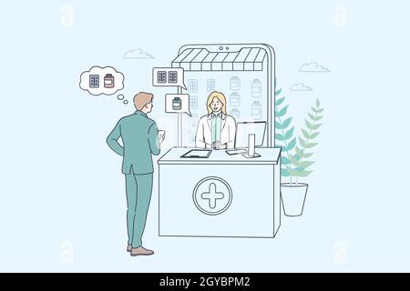 Pharmacie en ligne et concept. Homme personnage de dessin animé choisir des médicaments dans la boutique en ligne de pharmacie et parler à la femme de pharmacien virtuel au bureau ve Banque D'Images