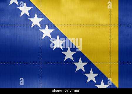 Drapeau 3D de Bosnie-Herzégovine sur fond de mur métallique. Banque D'Images