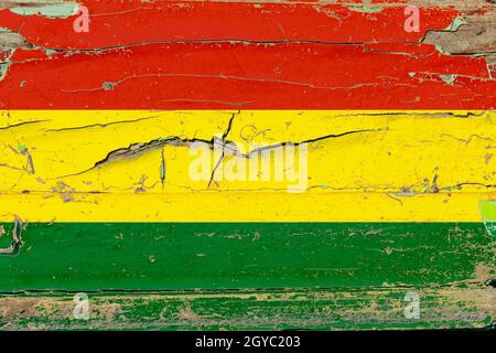 Drapeau 3D de la Bolivie sur un vieux mur de bois. Banque D'Images