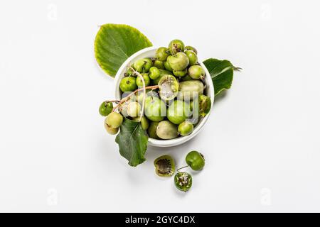 Actinidia arguta ou kiwi mûr dans un bol isolé sur fond blanc.Branches de fruits frais avec feuilles vertes, maquette, modèle Banque D'Images