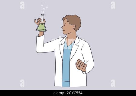 Recherche scientifique et concept de chimie.Jeune scientifique positif chimiste en uniforme de travail personnage de dessin animé debout conduisant des experts scientifiques Banque D'Images