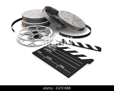 Le rendu 3D de bobines de film, clapper board et boîtes de film sur fond blanc Banque D'Images