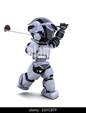 3D render of robot avec jouer au golf club Banque D'Images