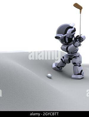 3D render of robot avec jouer au golf club Banque D'Images