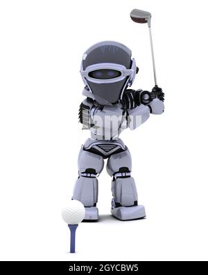 3D render of robot avec jouer au golf club Banque D'Images